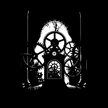 Black and white silhouette of intricate clock gears and mechanical parts