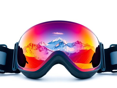 Mountain reflections on ski goggles, isolated on white background, highlighting snow-capped peaks and blue skies, adventure, ski goggles