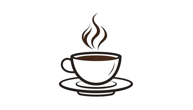 A simple, minimalist coffee cup and saucer illustration with steam rising from the dark liquid, set against white
