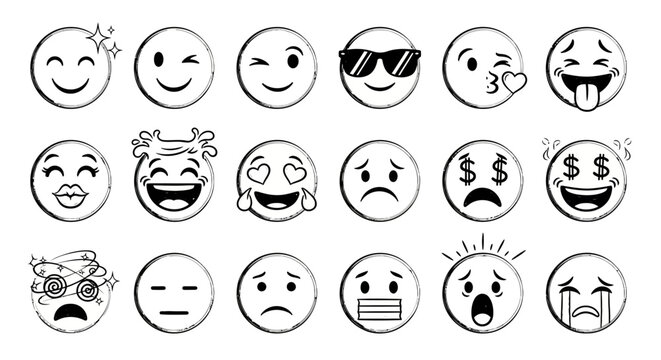 Minimalist black and white emoji icon set, 18 hand drawn style emoticon faces, expressive line art smiley characters for social media and messaging