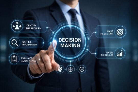 Businessman interacting with decision making digital interface showing identify the problem gather information evaluate alternatives make the decision review the results concept