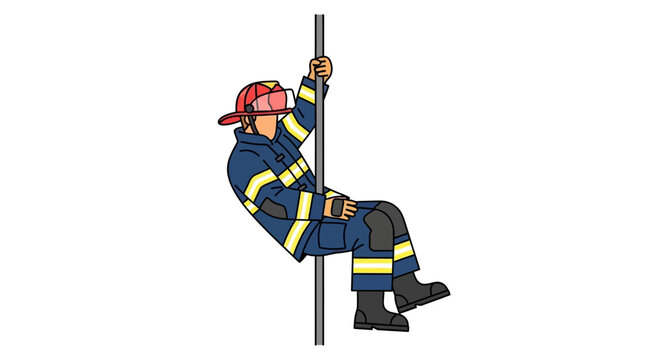 Firefighter sliding down pole in uniform and helmet illustration