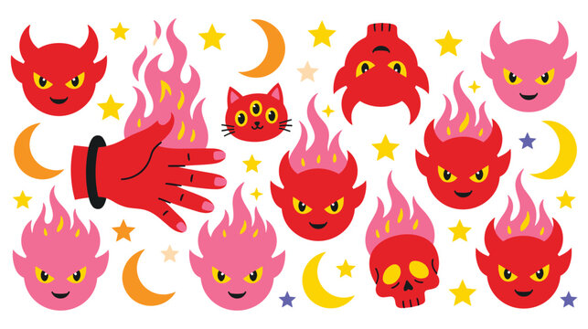 Halloween spooky characters and symbols on white background.
