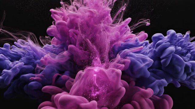Vibrant purple and pink pigments dramatically swirl and bloom within a dark, ethereal space, creating an abstract explosion of turbulent color and energetic fluid dynamics that captivates