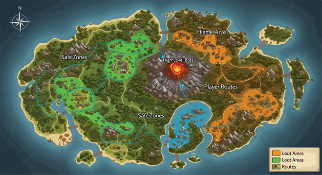 Fantasy game map vector with volcano and loot areas, isometric island world map for RPG adventure, colorful level design with player routes