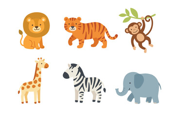 Naklejka premium Tropical Jungle Animals with Lion, Tiger, and Monkey for Nursery Prints