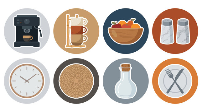 Set of eight circular icons representing kitchen and dining elements.