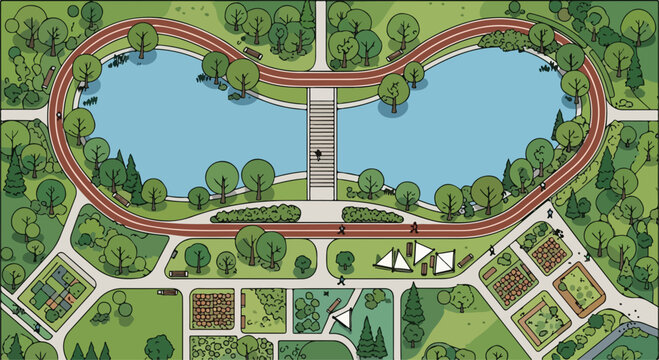 Aerial view city park map vector illustration, public garden landscape with lake and running track, urban green space with bridge and trees
