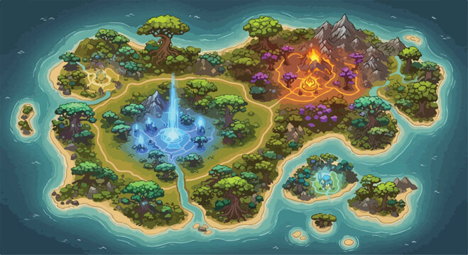 Fantasy game world map vector, isometric tropical island with magic portal and volcanic zone, adventure rpg level design illustration