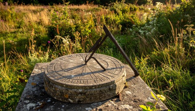 Cracked Stone Sundial with Bent Gnomon in Overgrown Field