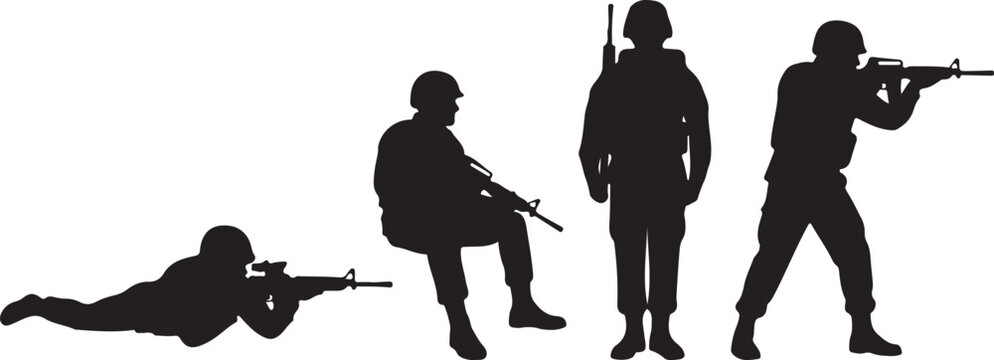 Military soldier silhouettes, army combat icons, black tactical team, gunfighting poses