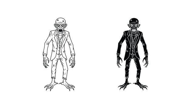 Undead zombie man wearing tattered formal business suit and walking in full body pose line art and solid silhouette vector illustration for horror theme or halloween character design