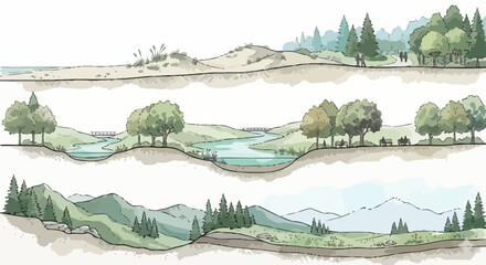 Detailed Ecological Cross-Sections Illustrating Diverse Natural Landscapes and Environments © Dileesha