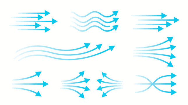 Set of various abstract directional arrow and flow line illustrations in blue