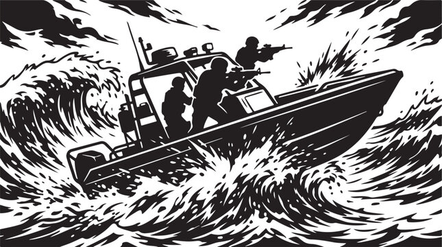 Black and white, vector speedboat, rough sea, monochrome illustration, nautical graphic