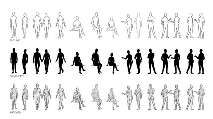 Extensive Collection of Architectural Human Scales Diverse Poses in Outline, Silhouette, and Hatch Styles for Design Visualizations © Dileesha