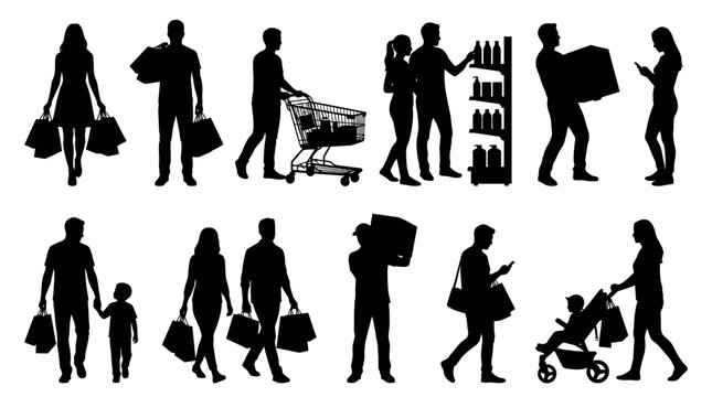 Diverse silhouettes of people engaging in various shopping activities from browsing to carrying purchases and pushing carts