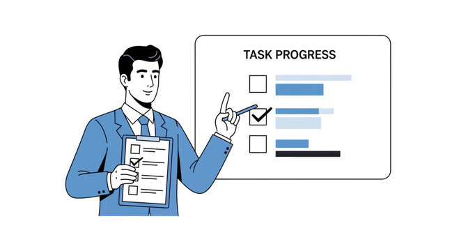 Businessman points to task progress chart and checklist, illustrating project management.