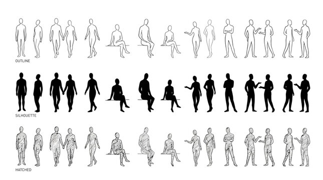Extensive Collection of Architectural Human Scales Diverse Poses in Outline, Silhouette, and Hatch Styles for Design Visualizations