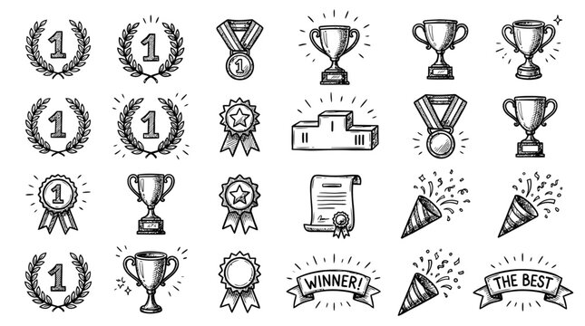 Collection of hand-drawn doodle icons representing awards, trophies, and success