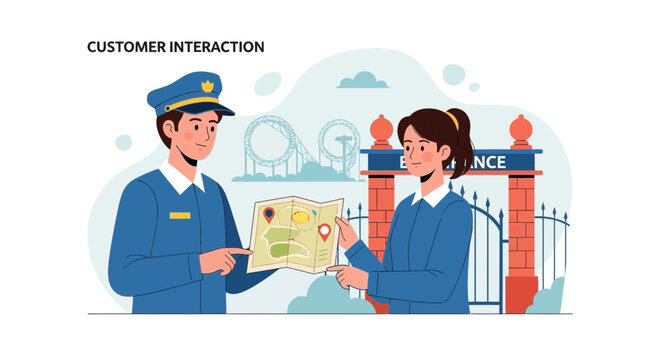 Theme Park Staff Helps Visitor with Map at Entrance