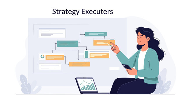 Businesswoman executing strategy on flowchart, digital marketing plan