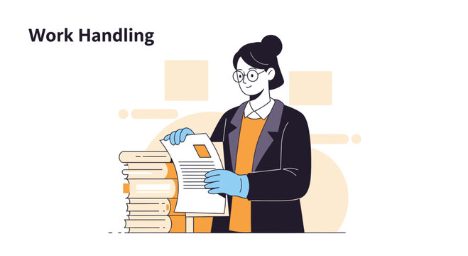 Businesswoman handling documents with blue gloves, stack of books, office work concept illustration