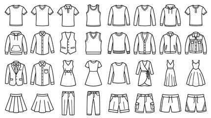 Comprehensive collection of line art clothing icons for fashion design and apparel catalogs, showcasing a variety of garments © Dileesha