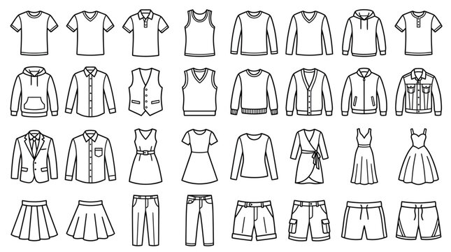 Comprehensive collection of line art clothing icons for fashion design and apparel catalogs, showcasing a variety of garments