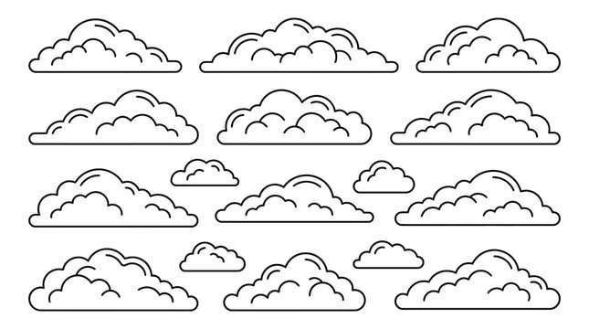 Line art cloud collection various shapes and sizes of outlined cartoon clouds for graphic design and weather concepts