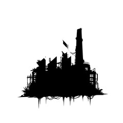 Obraz premium Silhouette of an abandoned industrial factory overgrown with plants on white background