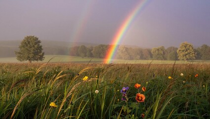 Naklejka premium Double rainbow arching over wildflower meadow at sunrise in countryside