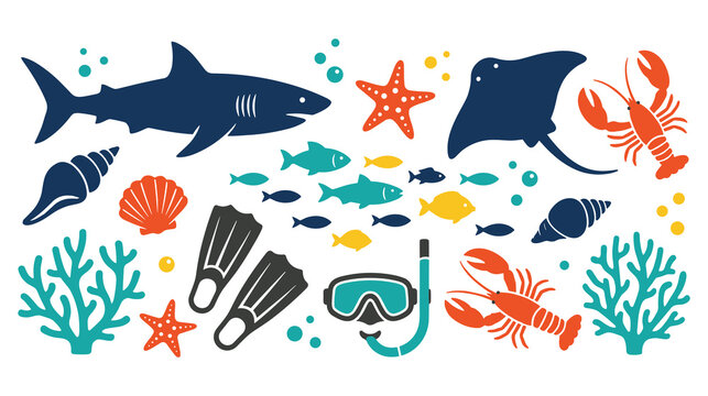 Sea life creatures ocean animals and diving equipment for snorkeling.