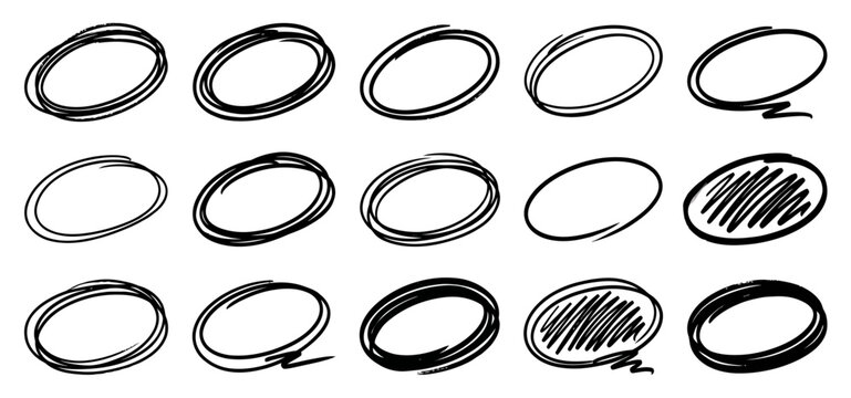 Set of diverse hand-drawn oval shapes, sketch frames, and scribble highlighters for creative design and emphasis