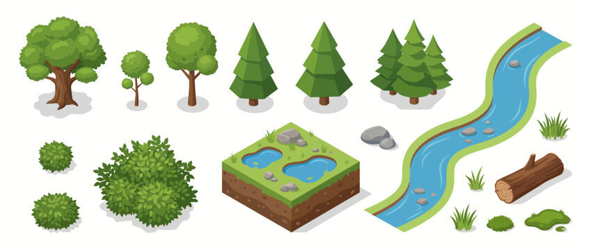 Isometric Vector Nature Elements Collection for Game Design and Virtual Landscape Creation
