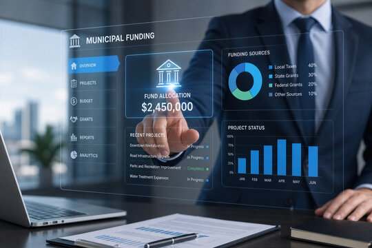 Businessman interacting with municipal funding interface showing fund allocation $2,450,000 project status charts and budget analytics for local government finance management technology dashboard