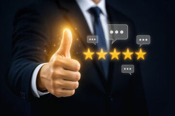 Obraz premium Businessman hand giving glowing thumbs up with five star rating and chat icons customer review feedback concept for reputation and service quality endorsement digital approval