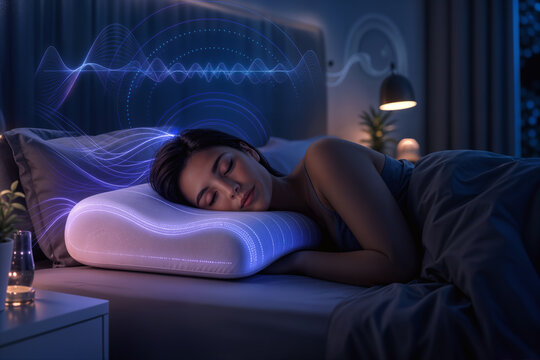 Conceptual sleep tech bedroom scene with person sleeping on ergonomic neurostimulation pillow emitting soft brainwave light patterns representing sleep economy mental wellness and biohacking recovery