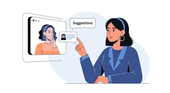 Woman getting advice from a virtual assistant on a computer screen