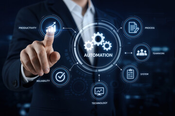 Obraz premium Businessman hand interacting with futuristic automation process interface showing gears automation productivity reliability technology system process teamwork industrial digital control