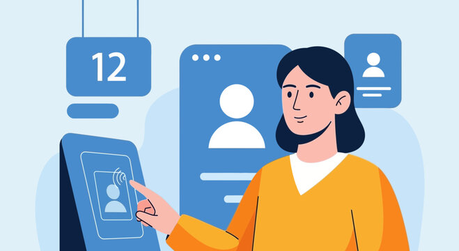 Woman Interacting with Digital Kiosk Featuring User Profiles and Queue Number