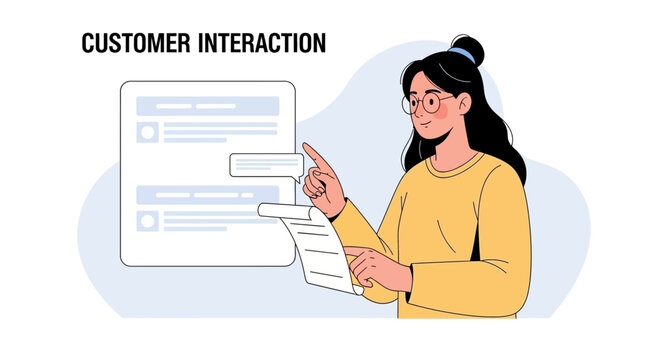 Woman interacting with digital interface, customer service, communication concept