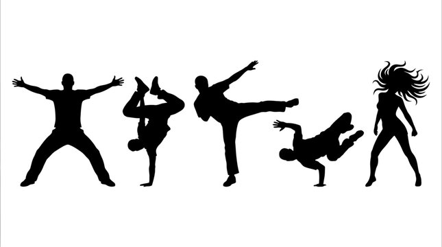 Silhouettes of dancers performing various athletic dance moves