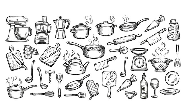 Collection of hand-drawn kitchen utensils and appliances for cooking and baking