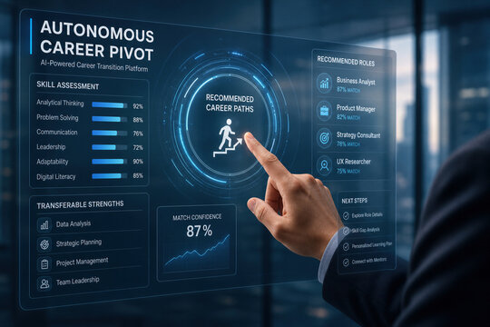 Autonomous career pivot AI interface with business professional hand selecting recommended career paths skill assessment match confidence 87 percent transferable strengths and recommended roles