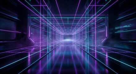 Fototapeta premium Futuristic Neon Cyberpunk Corridor Background with Glowing Grid