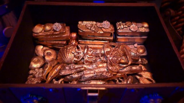Zoom in on treasure chest filled with gold ingots, diamonds and other valuables.