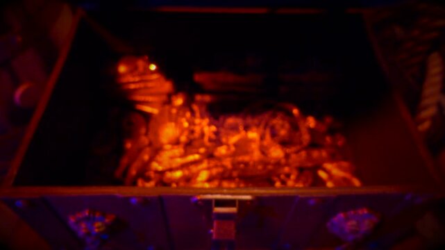 Treasure chest adorned with lions is opened revealing gold ingots and valuables.
