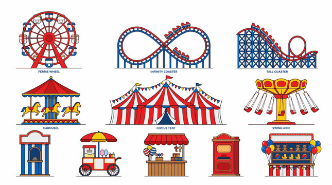 Set of Popular Amusement Park Rides and Festive Carnival Attractions Line Art Vectors for Summer Entertainment and Fairground Themes