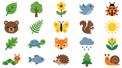 Collection of nature elements and woodland forest animals icons. © GW